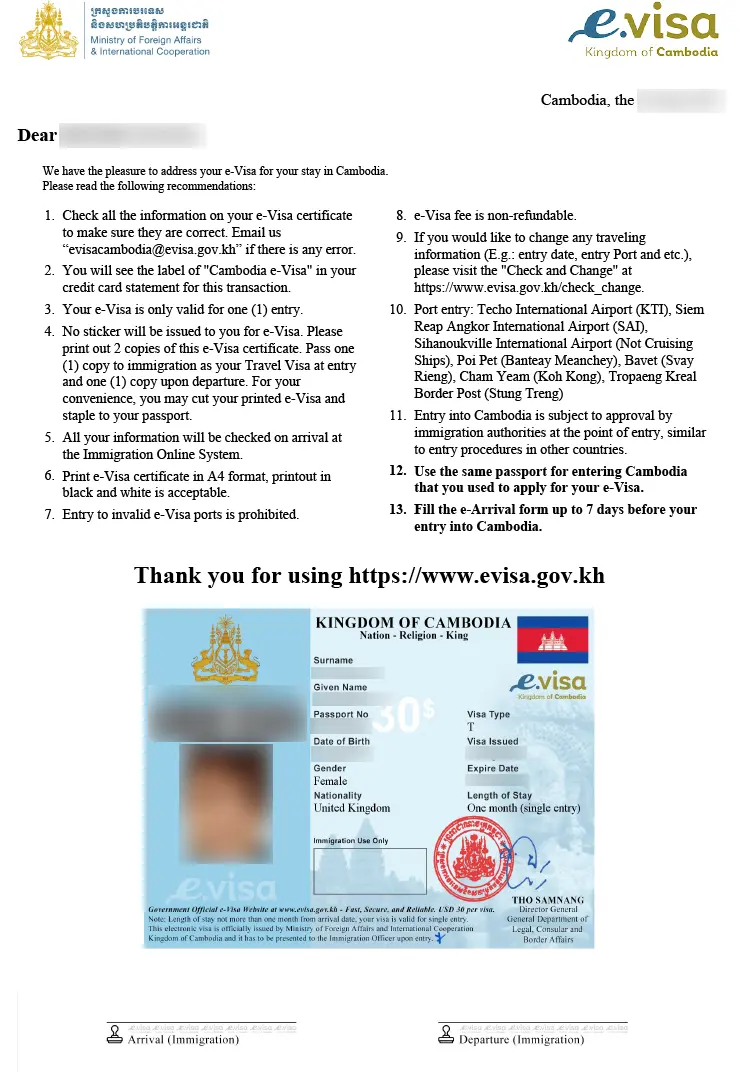 The eVisa for Cambodge