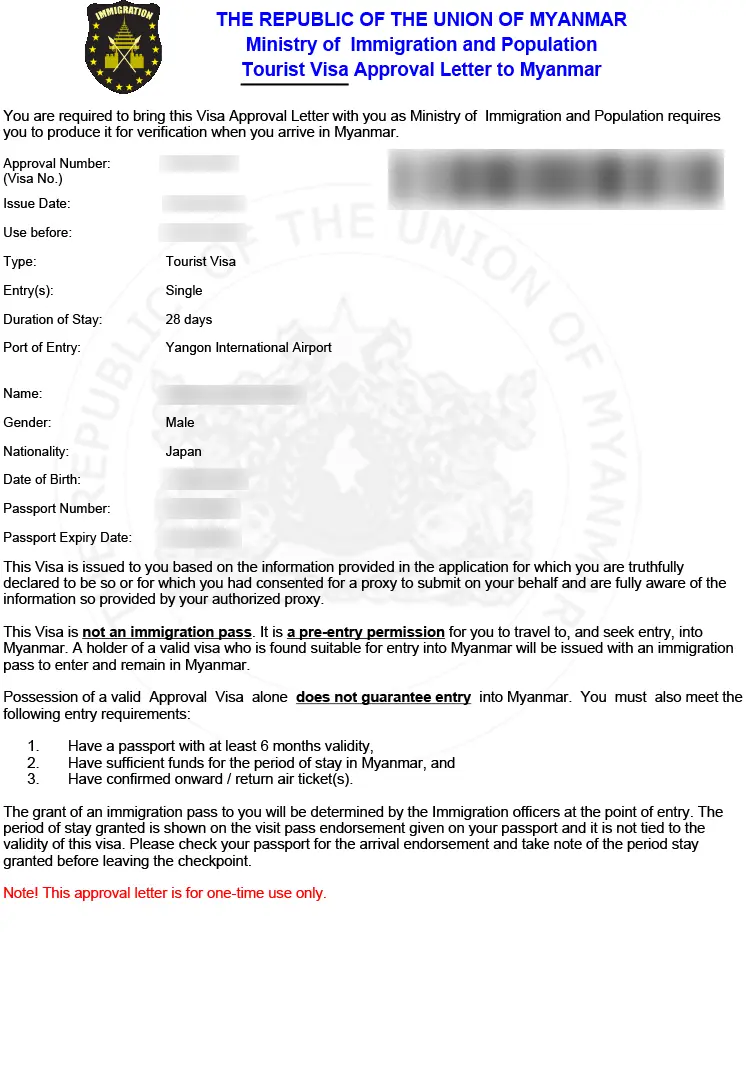 The eVisa for Myanmar